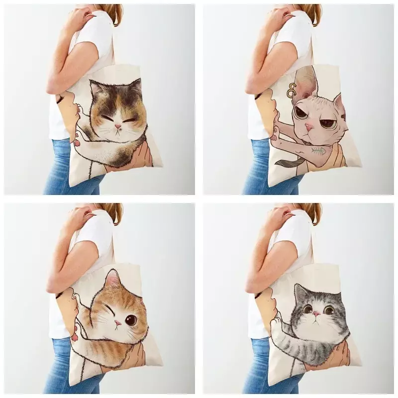 BBA171 tas belanja dua sisi wanita, tas kanvas hewan peliharaan lucu kasual kucing kartun dapat digunakan kembali