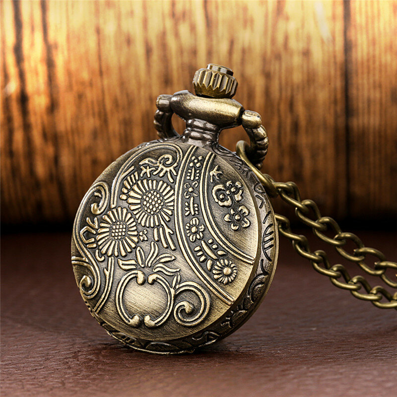 Reloj de bolsillo analógico de cuarzo para hombre y mujer, cronógrafo con cubierta de engranaje ahuecada de bronce, cadena de collar con números árabes, tamaño pequeño