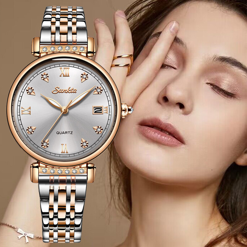 LIGE jam tangan wanita, minimalis mewah gaya baja noda tahan air kuarsa emas mawar perempuan