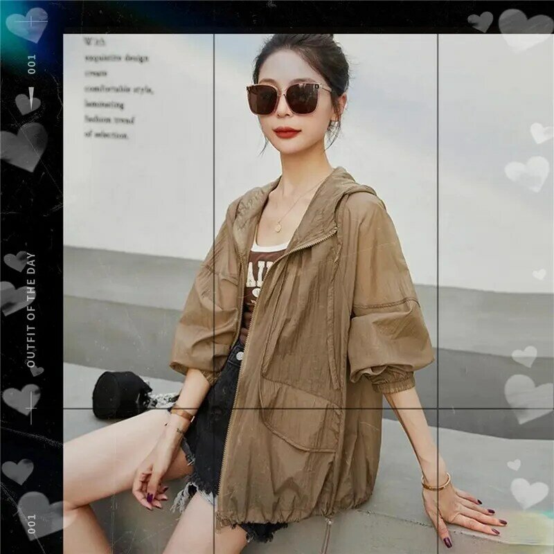 2024 New Summer Hooded Sunscreen Clothes Ice Silk Thin Women Zipper Long Sleeve Jacket Female Loose Breathable Outerwear B295