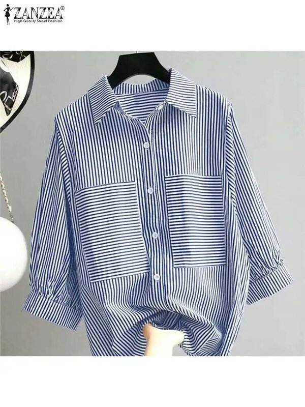 ZANZEA-Camisa listrada manga 3/4 feminina, blusa elegante de trabalho, gola lapela, botões baixos, tops casuais de férias, tamanho grande, verão