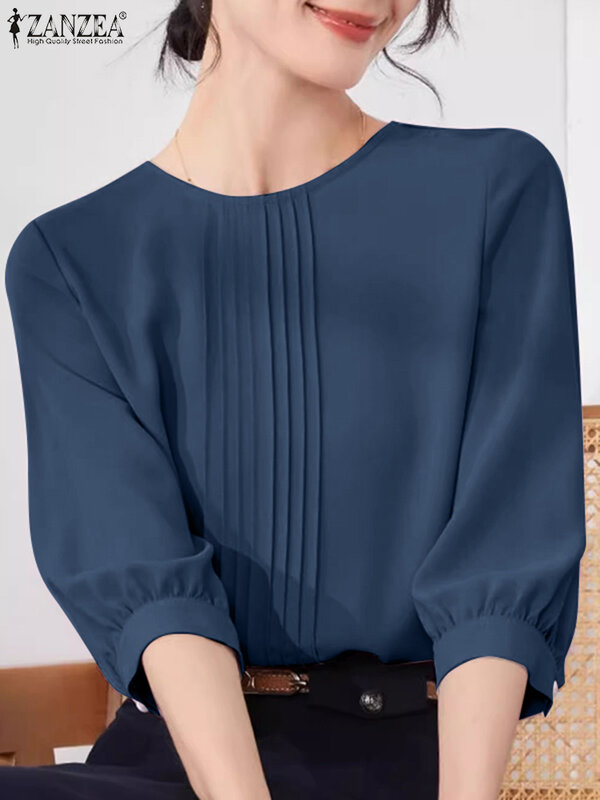 Zanzea-Blusa básica simples feminina, blusa coreana para senhora do escritório, camisa plissada, tops casuais, túnica sólida com gola redonda, moda verão, 2022