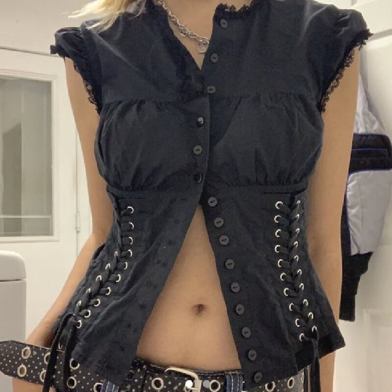 Dourgesty-top feminino chique de atadura, grunge vintage, camisetas pretas, botão, croset fino, estética, estilo punk, busy gótico, Y2k
