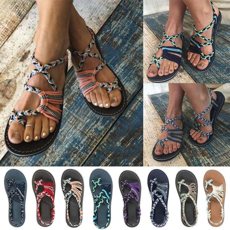 Women Sandals Summer Closed Toe Flat Romen Sandals Women Mixed Colors Rope Knot Sandals Women Casual Beach Sandals Plus Size