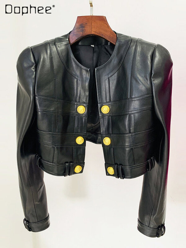 Leather Jacket 2023 Autumn New European and American Fashion Round Neck Lion Fastener Decoration Cropped Leather Coat Feminino