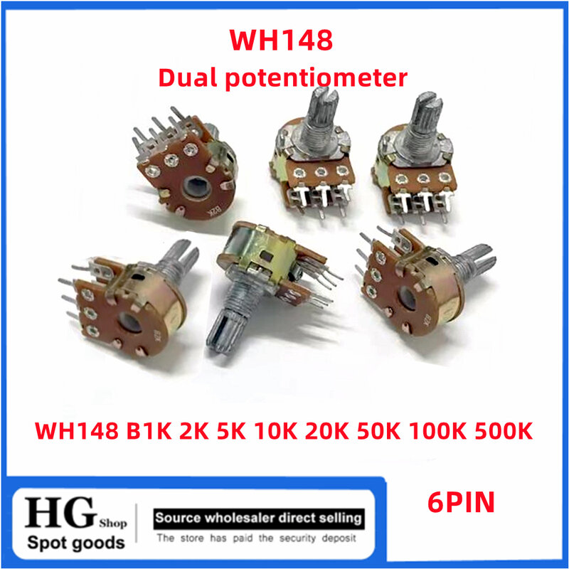 Potenciómetro estéreo Dual, amplificador de eje, WH148, B1K, 2K, 5K10K, 20K, 50K, 100K, 250K, 500K, 1M, Ohm, 6 pines, 15mm, 20mm, 5 unidades por lote