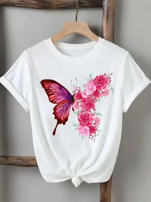 Magliette da donna da donna stampate moda casual tee Flower Wing butterfly anni '90 manica corta graphic t top abbigliamento stampa t-shirt