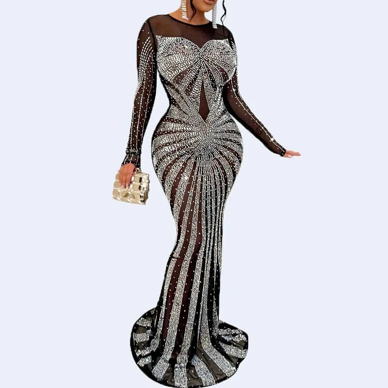 European and American Women's Long Dress Solid Color Mesh Perspective Hot Rhinestone Long Sleeve Dress Fashion Summer Dress 2024