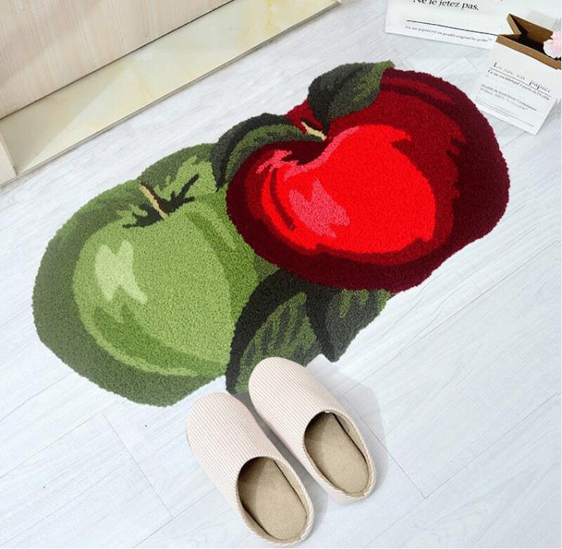 Tappeto da letto con mela rossa e verde ricamato a mano a forma speciale, tappetino piccolo a forma di frutta d'ingresso resistente all'usura forte antiscivolo m