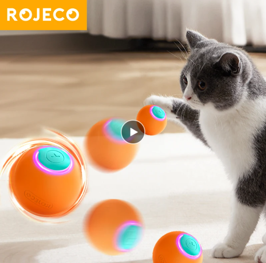 ROJECO mainan kucing mainan elektrik interaktif pintar, bola pantul kucing otomatis, mainan elektrik bergerak sendiri, aksesori anjing hewan peliharaan