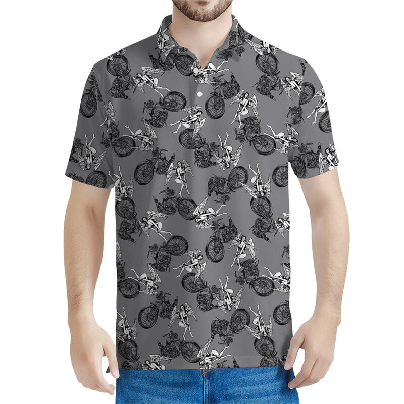 Fashion kaus Polo sepeda motor pria, atasan kaus grafiti ukuran besar lengan pendek bercetak 3d musim panas