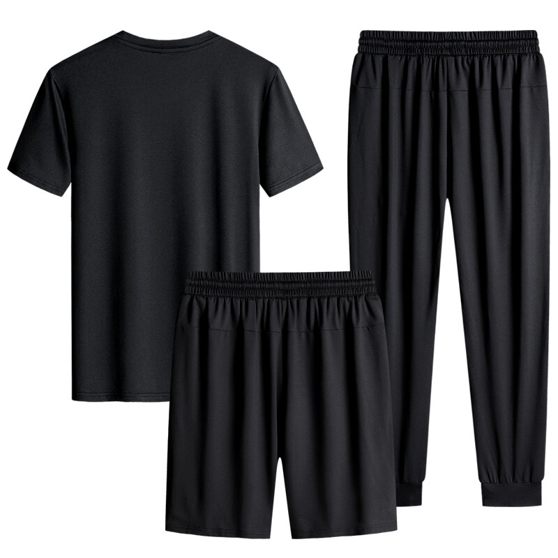 Conjunto de manga corta para correr para hombre, chándal de 3 piezas de seda de hielo, incluye camiseta, pantalones cortos y pantalones de chándal (20 estilos Opt)
