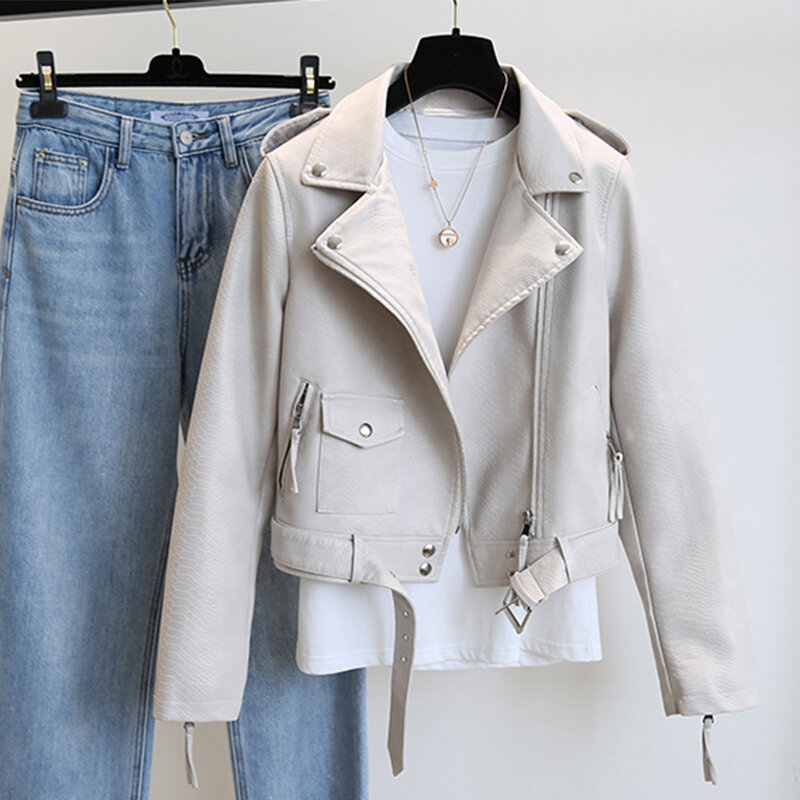 Jaqueta de couro falso para as mulheres, streetwear magro, cáqui, casaco motociclista com cinto, roupas ao ar livre, primavera e outono