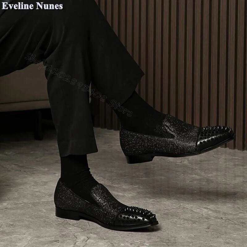 Zapatos de decoración con remaches de empalme para hombre, mocasines cómodos sin cordones, zapatos de vestir de primavera, 38-48 talla grande, color negro