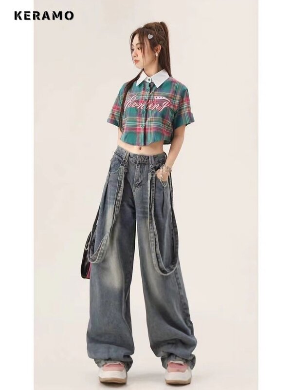 Y2K celana Denim 2000s kaki lebar wanita, celana Jeans lurus Retro jalanan tinggi kasual Vintage modis