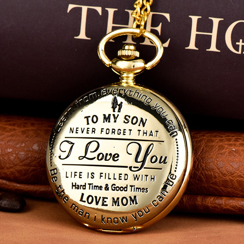 Luksus dla mojego syna, kocham cię rzeźbiony kwarcowy zegarek kieszonkowy dla synów chłopców grawerowany futerał na zegarki Fob dla prezenty urodzinowe dla dzieci
