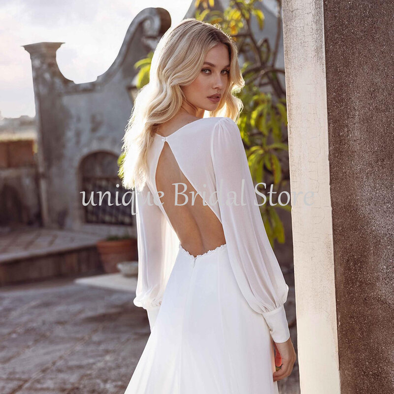 UETEEY 2022 Chiffon Wedding Dress Long Sleeves With Sweep Train Backless Deep V-Neck Robe De Dariée Mermaid Bridal Gowns