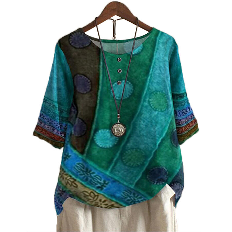 Женская свободная рубашка с круглым вырезом, винтажная блузка в этническом стиле с цифровым принтом, блузки большого размера с рукавом до локтя, топы, Женский Повседневный пуловер в стиле Харадзюку