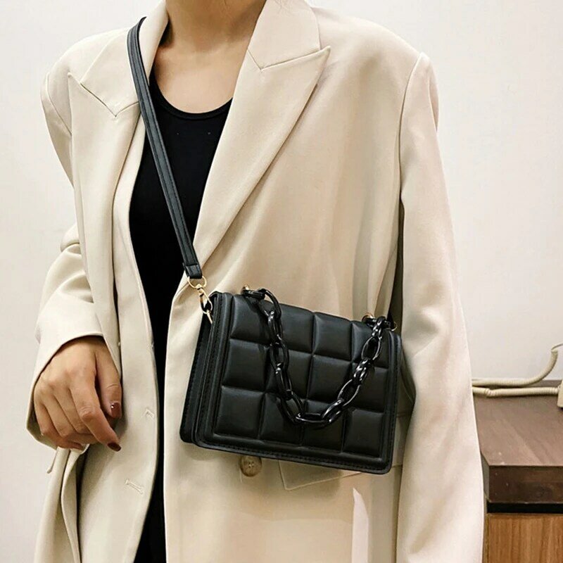 Tas tangan wanita kasual dompet Flap tas selempang modis wanita kulit PU kotak-kotak tas bahu warna Solid bolsos para mujer