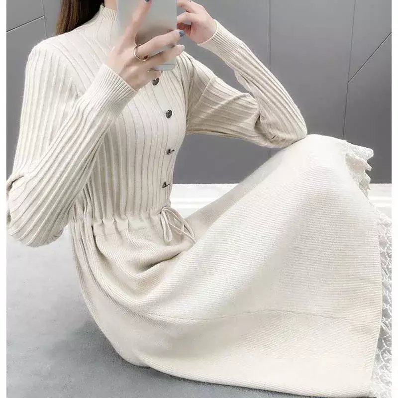 Elegant Stand Collar Spliced Lace Shirring Bandage Midi Dress Women's Clothing Winter Loose Knitted Korean Ladies Dresses E472