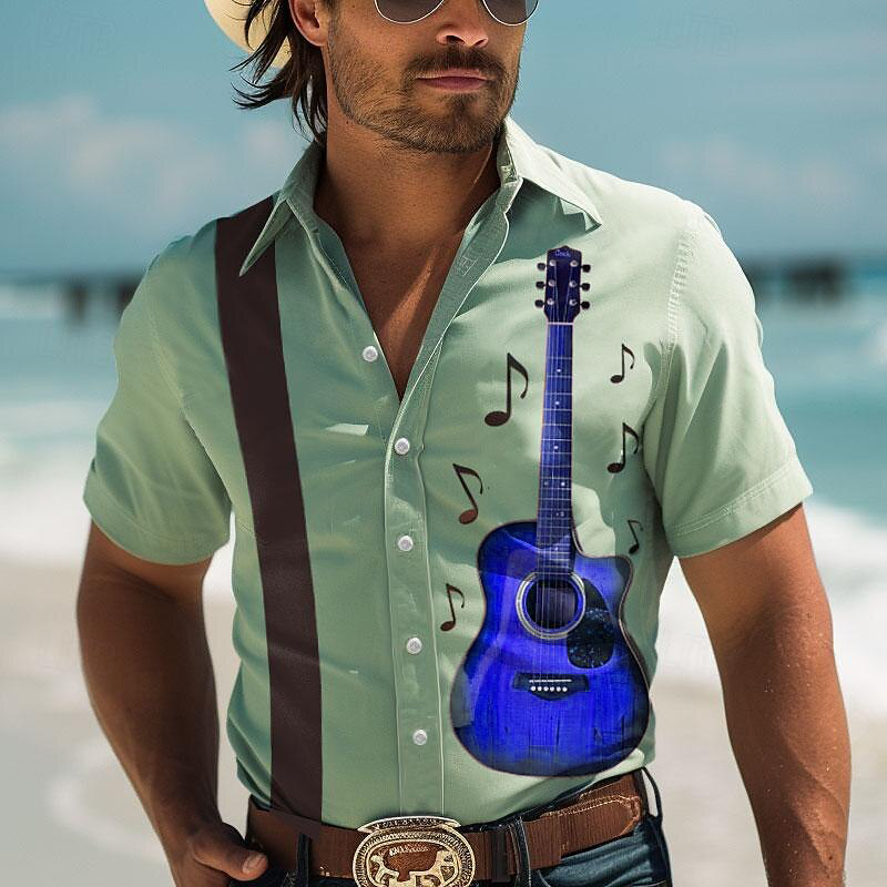 Męski Retro gitara koszula hawajska wakacje koszulka z krótkim rękawkiem miękki i wygodny projekt modny guzik koszula męska