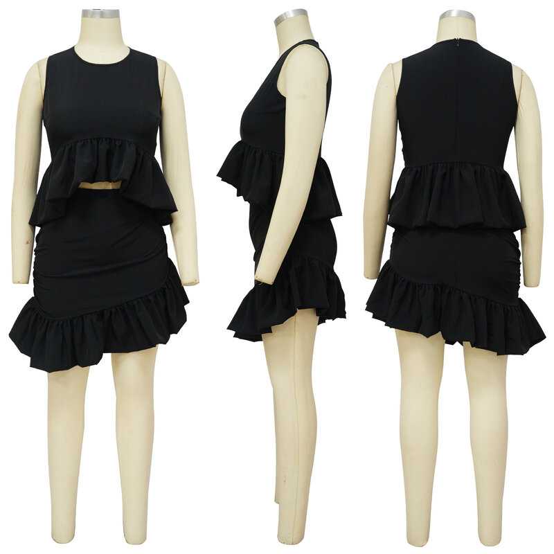 Skmy neue Mode 2 Stück Sets Frauen Outfit einfarbige Rüschen Patchwork ärmellose Crop Top Minirock Set Party Clubwear