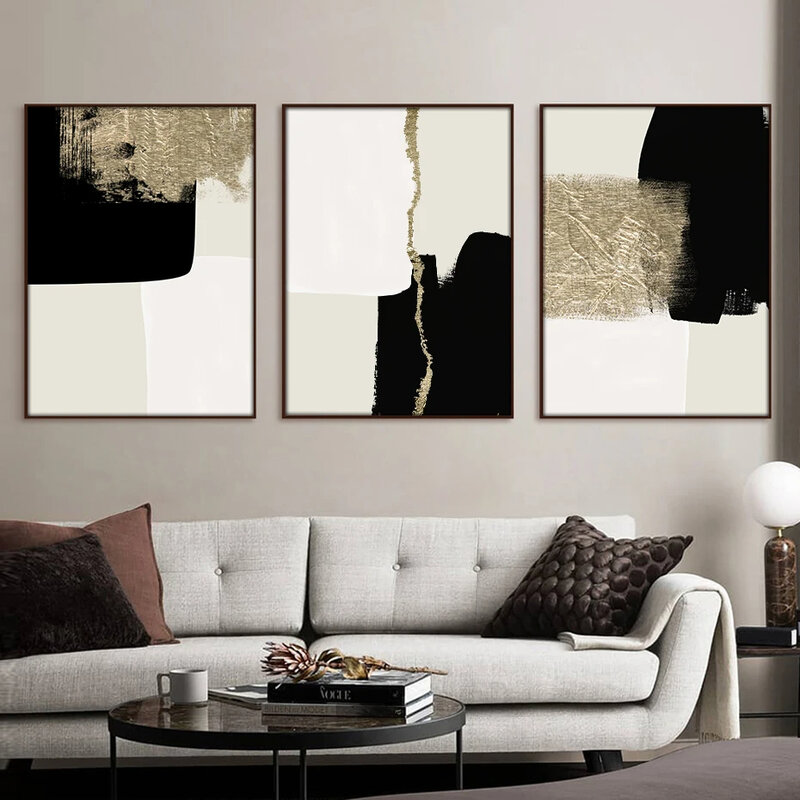 Affiches minimalistes abstraites modernes, toile d'art mural, impression personnalisée, image beige, noir, or, salon, décoration intérieure de la maison