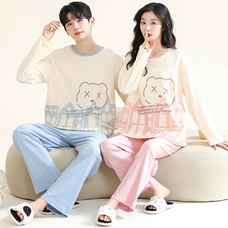 Korean Sweet Cotton Home Clothes Women and Men Matching Pajamas Spring Cartoon Cute Loungewear for Couples pijamas para parejas