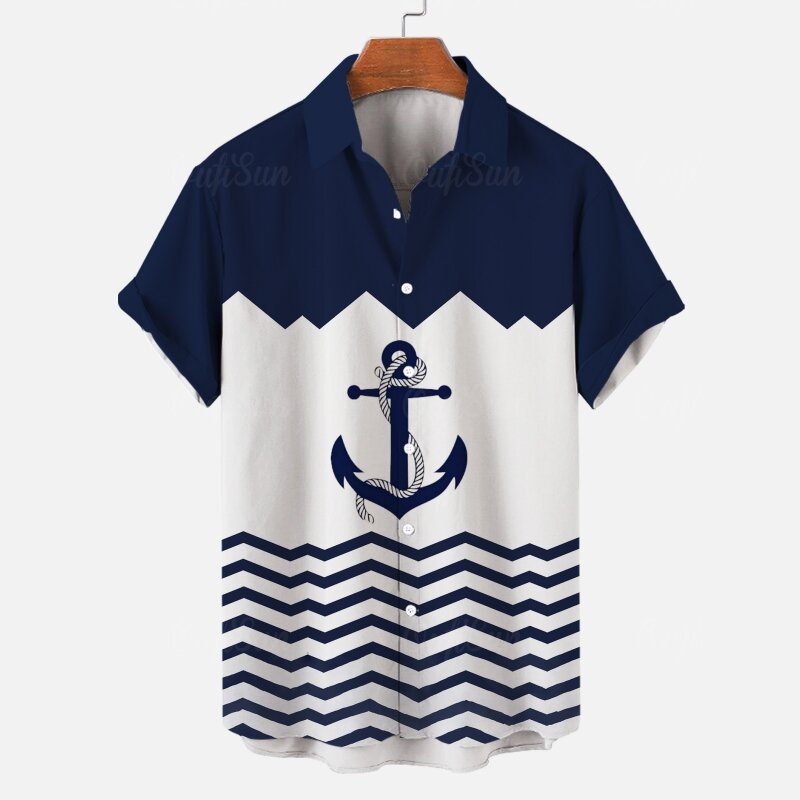 Camisa havaiana com estampa listra 3D Boat Anchor masculina, camisas de manga curta, roupas largas, casual diário, 2024