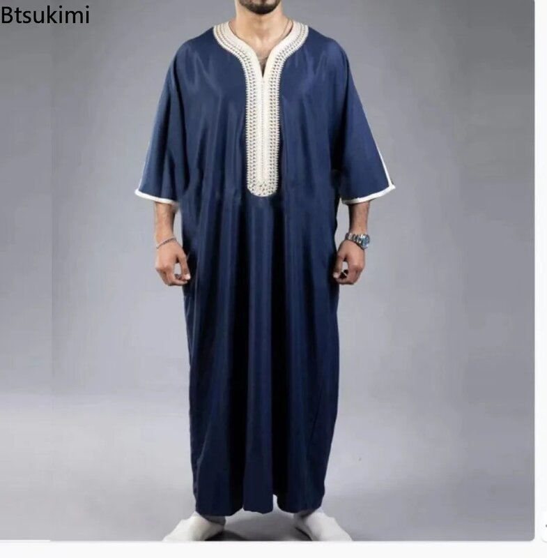 Nowy 2024 męski muzułmański Jubba Thobe Patchwork miękki dekolt w szpic długi rękaw Kaftan Dubai szata Vintage islamski arabski męski Kaftan Abaya