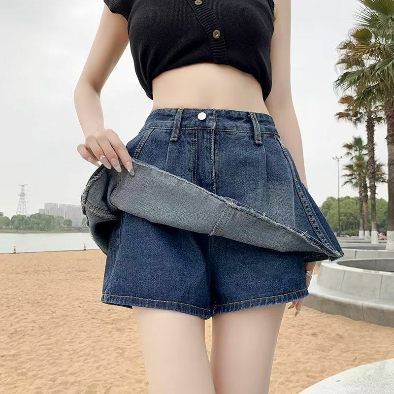 Shorts jeans de cintura alta para mulheres, versão coreana, magro, pequeno, Hakama, babados, calça jeans linha A, tendência de rua alta, culottes femininos