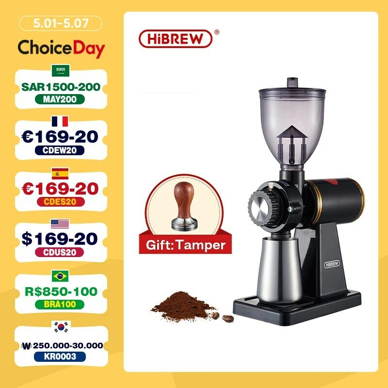HiBREW – moulin à grains de café électrique, 8 réglages, pour expresso ou café américain, goutte-à-goutte, Durable, bavure plate, boîtier moulé sous pression G1