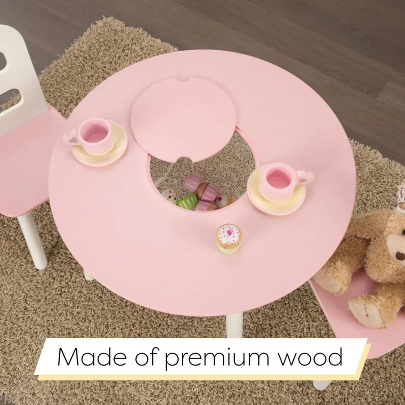 Tavoli e sedie per bambini tavolo rotondo in legno e Set di 2 sedie con portaoggetti in rete centrale-rosa e bianco