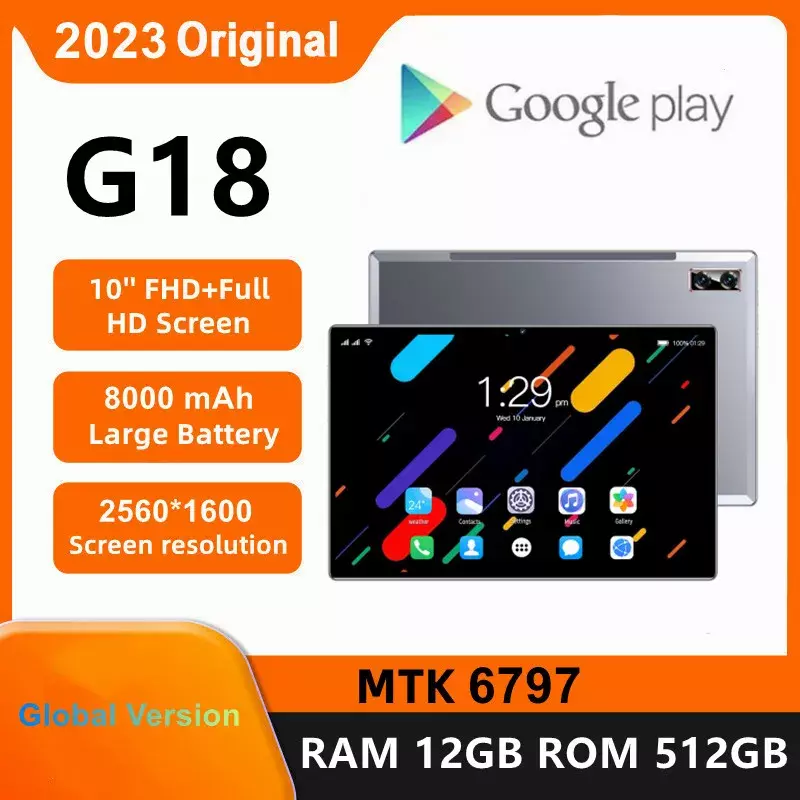 Tablette Android G18 de 2023 Pouces avec Bluetooth, 12 Go de RAM, 10.1 Go de ROM, Deca Core, 24 + 48MP, WPS + 5G, WIFI, Ordinateur Portable, Nouvelle Version Mondiale, 512