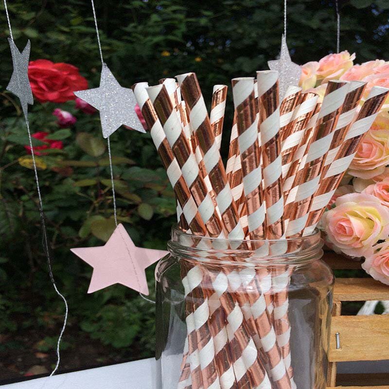 Palhas de papel de ouro rosa descartáveis com listra e ponto, 25pcs, canudo, decoração do casamento, chá de bebê, fontes do partido do aniversário