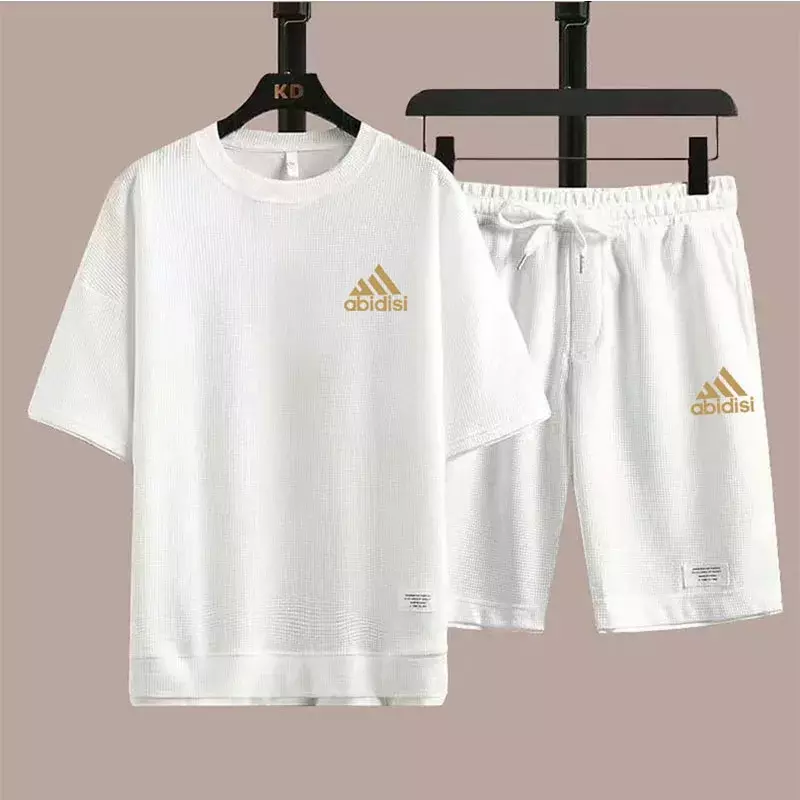 Letni garnitur dla mężczyzn Tkanina waflowa Moda Odzież codzienna T-Shirt + Szorty Dwuczęściowy zestaw Męski dres sportowy z krótkim rękawem