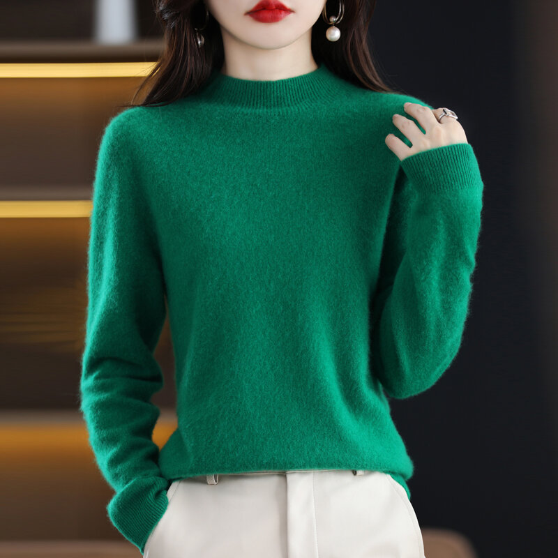Suéter de cuello redondo 100% de lana pura, camisa de fondo de punto con suéter suelto de gran tamaño, Otoño/Invierno
