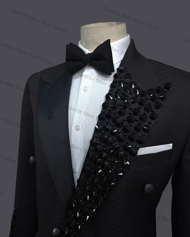 ชุดสูทผู้ชายสีดำคริสตัล2ชิ้นเสื้อ + กางเกงแจ็คเก็ตสั่งตัดแบบทางการสำนักงานชุดทักซิโด้เจ้าบ่าวงานแต่งงาน