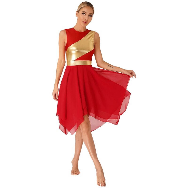 Gaun dansa mewah untuk wanita, gaun tanpa lengan blok warna, kostum pertunjukan tari Modern tembus cahaya hologram asimetris untuk wanita