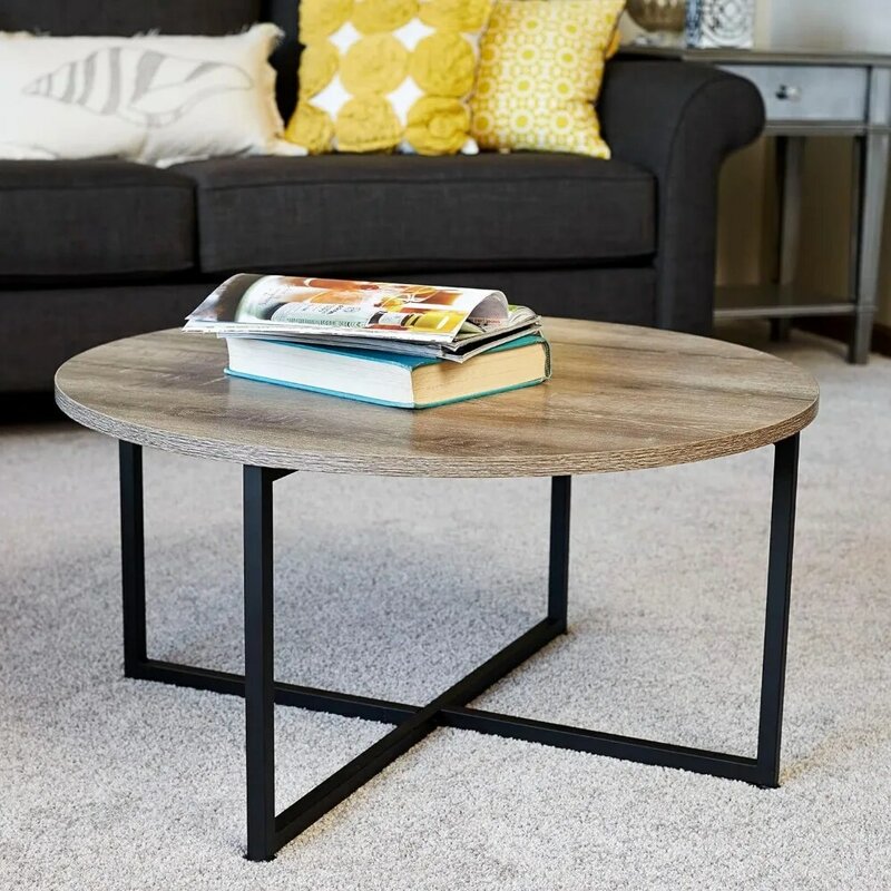 Round Coffee Table Ashwood Rustic Wood Grain and Black Metal 31.5 X 31.5, Taupe, Living Room Furniture