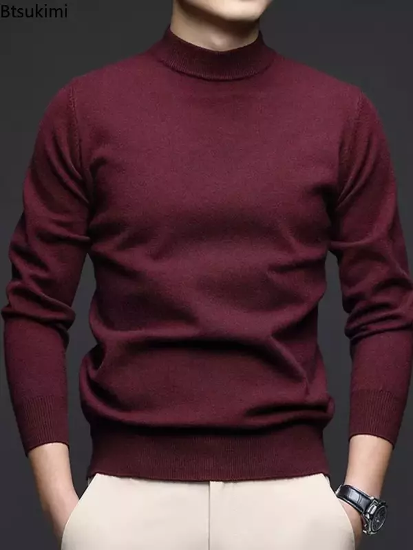 Suéter grueso y cálido para hombre, jersey de cuello medio alto, camisa inferior de lana, ropa para otoño e invierno, 2024