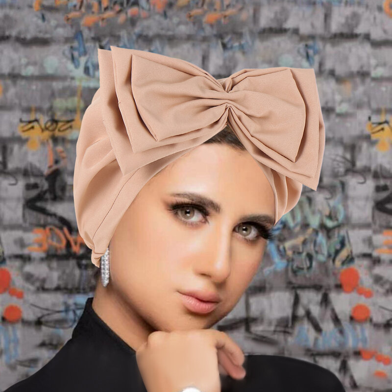 Muslimische einfarbige Frauen großen Bowknot Stretch Hijab Turban Hut Kopftuch Kopf bedeckung Kappe Kopf wickel Chemo Mützen Haarschmuck