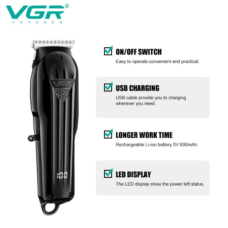 VGR Hair Trimmer Professional Hair Clipper Electric T-Blade Hair Cutting Machine 0mm LED Display Barber Trimmer for Men V-982
