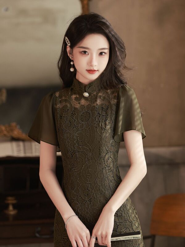 中国の伝統的なエレガント改善ブラックレースqiapaoサマーヴィンテージ女性半袖チャイナドレス