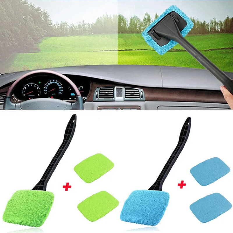 Kit sikat pembersih jendela mobil, alat pembersih kaca depan bagian dalam Wiper kaca otomatis dengan pegangan panjang aksesoris mobil