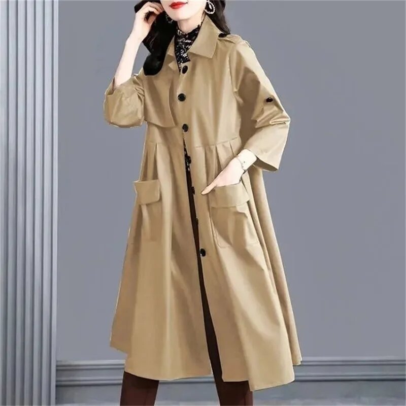 Female Windbreaker Coat Women Spring Autumn 2024 New High End Loose Style Slim Autumn Mid length Coat Women Pocket Pleating Coat