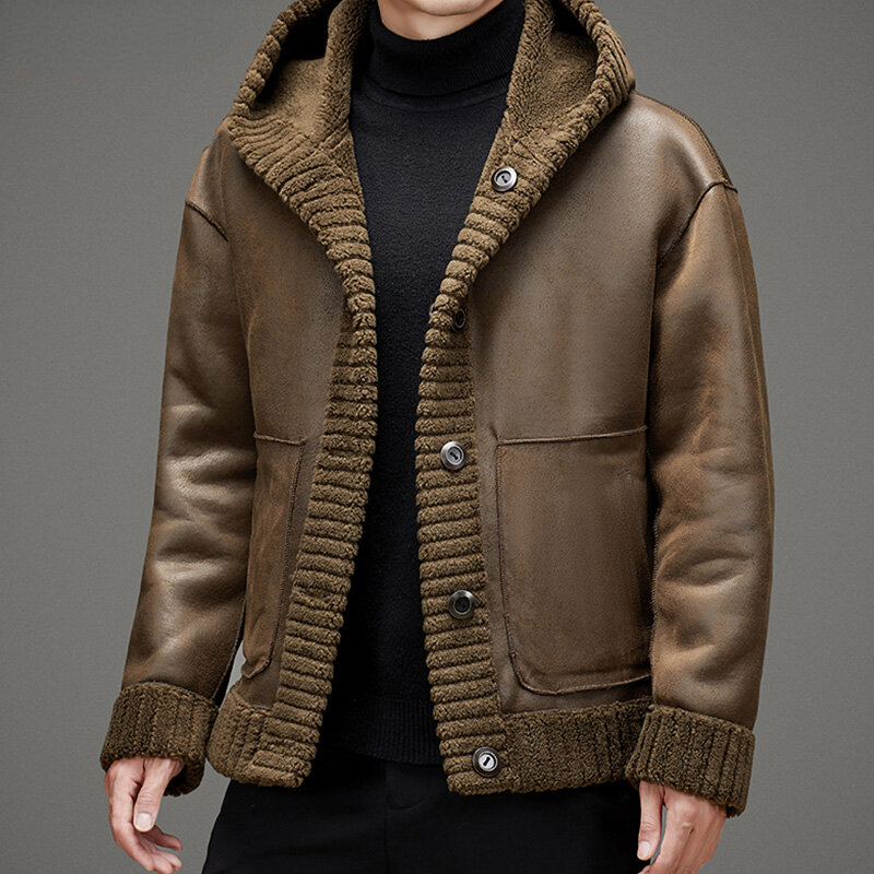 Uomo 2022 autunno inverno nuove giacche Double-face da uomo tinta unita cappotti con cappuccio maschile vera pelliccia di lana cappotti caldi C250