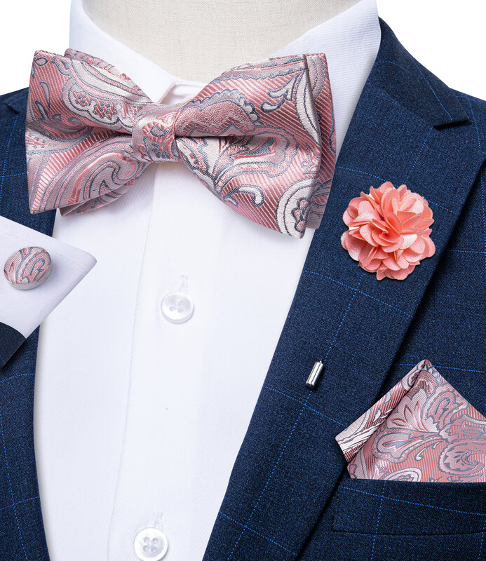 Neue Pre-gebunden Bogen Krawatten für Männer Rosa Paisley Jacquard Schmetterling Knoten Tasche Platz Manschettenknöpfe Corsage Set für Hochzeit