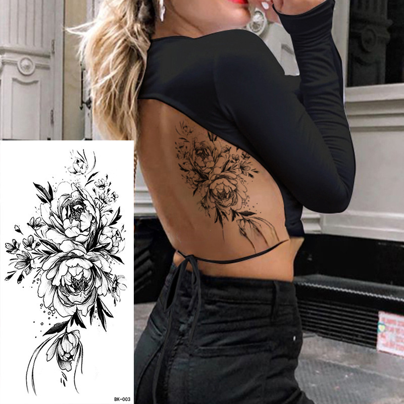 Duży rozmiar Czarny kwiatowy wzór Fałszywy tatuaż Naklejka dla kobiet Dot Rose Peony Tymczasowe tatuaże DIY Transfer wody Tatuaże Dziewczyny
