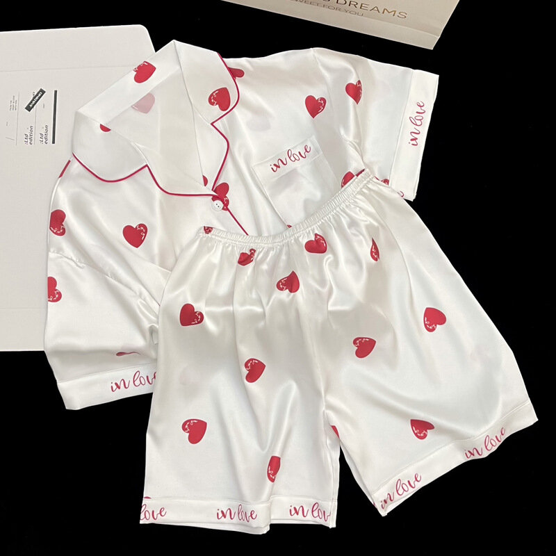 Conjunto de Pijama de seda sintética con estampado de corazón para Mujer, ropa de dormir de manga corta con botones de satén, 2 piezas, Verano